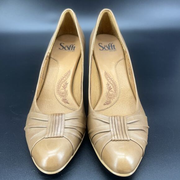 Sofft Womens 8.5M Tan Leather Pump Stacked Heel Pleated Front Office Secretary - Picture 2 of 8